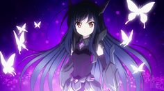 an anime character with long black hair and blue eyes standing in front of purple butterflies