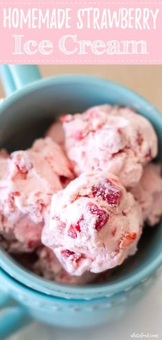 homemade strawberry ice cream in a blue bowl with text overlay that reads homemade strawberry ice cream