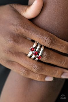 A trio of red rhinestones slant across three stacked silver bands, coalescing into a refined centerpiece. Features a stretchy band for a flexible fit.

 Sold as one individual ring. Paparazzi Accessories Jewelry, Silver Bands, Refined Fashion, Red Ring, Red Rings, Rhinestone Ring, Paparazzi Accessories, Matching Accessories, Red Rhinestone