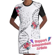 Loose and casual fit jersey t-shirt dress. Printed polyester blend front panel, solid color 100% cotton back/sleeves/rib. Size range XS-2XL. DNA Watercolor Art,Dna double helix genetic,Medical Art,Science Art,Dna illustration abstract biology art,flower, floral, floral medical art, flowers Fitted Crew Neck T-shirt Dress For Spring, White Graphic Print T-shirt Dress With Crew Neck, White Cotton T-shirt Dress With Graphic Print, White Crew Neck T-shirt Dress With Graphic Print, White Graphic Print T-shirt Dress For Spring, Spring White Graphic Print T-shirt Dress, White Fitted Short Sleeve T-shirt Dress, Fitted Cotton T-shirt Dress With Graphic Print, Dna Watercolor