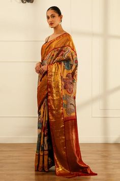 Cream silk kanjeevaram saree featuring multicolour kalamkari patterned female scenic motifs highlighted by woven border and pallu. Comes with unstitched blouse fabric. - Aza Fashions Kalamkari Saree, Cream Silk, Fashion App, Blouse Fabric, Blouse Piece, Aza Fashion, Pure Silk, Hand Weaving, Saree