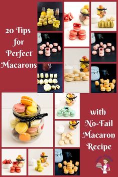 a collage of macaroni and cheeses with the words 20 tips for perfect macarons