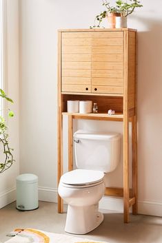 a white toilet sitting next to a wooden cabinet with plants on it's top