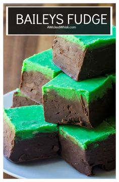 chocolate and green fudge are stacked on top of each other with the words bailey's fudge above it