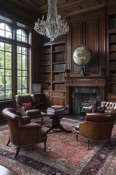 a living room filled with lots of furniture and a chandelier hanging from the ceiling