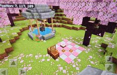 Cute Well Minecraft, Cherry Tree Minecraft Ideas, Cherry Blossom Picnic Minecraft, Cherry Blossom Well Minecraft, Cherry Blossom Dock Minecraft, Cherry Blossom Decorations Minecraft, Cherry Blossom Pathway Minecraft, Minecraft Cherry Bedroom, Cherry Blossom Storage Room Minecraft