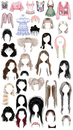 many different types of wigs are shown in this drawing style, including long hair and bangs