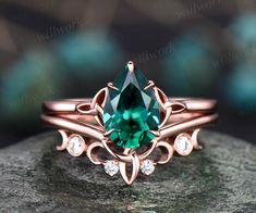 This ring is handmade by myself. The main stone is a 6x9mm pear lab emerald. The accent stones are moissanites. The material is solid 14k gold(white,yellow,rose gold is also available) Ring size can be choose from the selection box. Matching band available: https://www.etsy.com/shop/willwork?section_id=20674906 This jewelry can also be made in solid 10k,14k,18k gold,with real diamonds.Contact me! Need rush order? contact me! Need custom making order? Contact me! I have confidence on my jewelry.3 Elegant Pear-shaped Emerald Ring As Gift, Green Pear-shaped Emerald Wedding Ring, Green Pear-shaped Emerald Ring For Wedding, Elegant Gold Pear-shaped Emerald Ring, Elegant Pear-shaped Green Emerald Ring, Green Wedding Rings, Emerald Engagement Ring Set, Emerald Wedding Band, Vintage Engagement Rings Unique