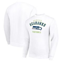 Don't settle for check downs and go deep by adding this Team Logo Pullover Sweatshirt to your Seattle Seahawks collection. The striking graphics and high-quality material will quickly make this top a wardrobe favorite. This piece was designed by Starter to keep you cozy in moderate temperatures so chilly weather doesn't catch you with a blindside hit. Whether headed to the tailgate or out and about, you'll always look your best rocking this Seattle Seahawks team swag. Long Sleeve Fleece Top With Team Logo, Collegiate Fleece Tops With Logo Print, White Tops With Team Logo For Winter, White Winter Tops With Team Logo, White Fleece Top For Game Day, Winter Fleece Tops With Team Logo, Fleece Crew Top For Sports Events, Fleece Crew Neck Tops For Sports Events, White Fleece Top With Team Name