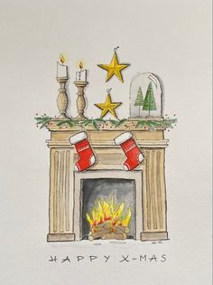 a watercolor drawing of a fireplace with stockings on it's mantle and two candles