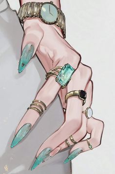 an artistic drawing of a woman's hands with rings and jewels on her fingers