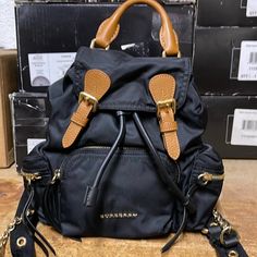 New Burberry "Small Runway Rucksack" Nylon Backpack Luxury Brown Backpack For Daily Use, Luxury Brown Bucket Bag Backpack, Burberry Backpack Women, Burberry Rucksack, Burberry Knight Bag, Burberry Backpack, Burberry Bag, New Woman, Black Color