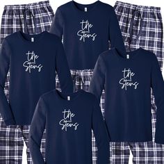 Personalized Family Name Pajamas Nothing says the holidays like matching family pajamas...say cheese! This personalized family flannel set comes with a luxe 100% cotton t-shirt in navy with matching navy-blue flannel pajama bottoms.  This cozy pajama set is so comfortable it will be your go to uniform all winter break long and perfect for any cold winter day.  Don't forget to snap your holiday photos!  These pajamas are adult unisex and 100% cotton. * 100% Cotton Flannel Bottoms and Luxe Cotton Matching Christmas Pajamas Blue Family Photos, Family Matching Letter Print Loungewear Sets, Blue Winter Onesie For Sleepover, Christmas Pjs Family Blue, Blue Letter Print Sleepwear For Loungewear, Blue Cotton Sleepwear With Letter Print, Family Matching Holiday Winter Sleepwear, Family Matching Holiday Sleepwear, Blue Cotton Christmas Sleepwear