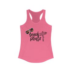 "Embrace the sun, sea, and sand with our Women's Beach Tank Top, featuring the sassy phrase, \"Beach Please.\" Whether you're sunbathing by the waves, building sandcastles, or strolling along the shoreline, this playful tank top is your passport to seaside style and relaxation. Key Features: Beach Attitude: Make a statement with the bold and playful \"Beach Please\" message that perfectly captures your beach-loving spirit. Ultimate Comfort: Created from a blend of 60% combed, ring-spun cotton and 40% polyester, this tank top offers superior softness and comfort. Light and Breezy: Crafted with extra-light 4 oz/yd² (135 g/m²) fabric, it's designed for the sunny days and balmy beach nights. Flattering Fit: The slim fit and racerback cut provide a flattering silhouette suitable for various bod Beach Season Graphic Print Tank Top, Pink Tank Top With Built-in Bra For The Beach, Bachelorette Party Tanks, Beach Tanks, Beach Tanks Tops, Beach Please, Beachwear Collection, Beach Tops, Woman Beach