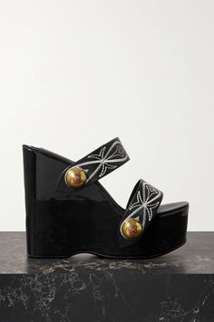 Black Embellished embroidered leather wedge sandals | PUCCI | NET-A-PORTER Emilio Pucci Vintage, Pucci Vintage, Fish Motif, Wooden Wedges, Wedge Flip Flops, Embroidered Leather, Black Wedge Sandals, Leather Wedge Sandals, Leather Wedges