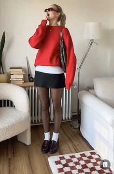 Cute Winter Outfits Skirt Tights, Plaided Skirt Outfit Ideas, Holiday Colors Outfit, Styling Mini Skirt Winter, December Fashion Outfits, Autumn Fits Skirts, Chic Mini Skirt Outfit, Red Button Sweater Outfit, Vintage Preppy Fashion