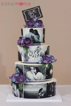 a three tiered cake with pictures and purple flowers on the bottom layer is decorated in black and white