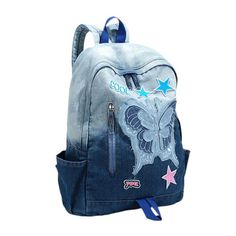 This blue Y2K backpack features a blue denim gradient with butterfly and star patches Size: 45*14*34 cm / 17.7*5.5*13.4 inMaterial: Denim Blue Backpack For Streetwear, Blue Bags For Back To School Streetwear, Blue Streetwear Standard Backpack, Blue Back To School Bags, Blue Denim Backpack For Back To School, Blue Backpack For Back To School Streetwear, Baddie Outfits Y2k, Pink Pfp Y2k, Outfits Y2k Pink