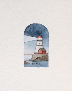 a watercolor painting of a lighthouse in the ocean with a red and white house on it