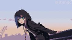 a pixel art image of a woman with long black hair and glasses standing in front of a cityscape