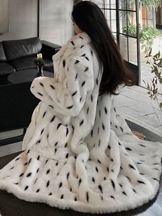 LAUTARO Women's Fine Fashion White & Black Dots Luxury Style Long Faux Fur Plush Coat Jacket - Divine Inspiration Styles Winter Faux Fur Coat, Womens Faux Fur Coat, Long Faux Fur Coat, Plush Coat, Fluffy Jacket, Fur Coats Women, Custom Size Dresses, Coat Women, Faux Fur Coat