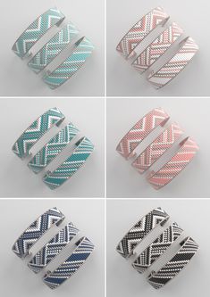 six different types of bracelets in various colors and patterns, all with the same design