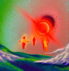 two surfers are surfing in the ocean under an orange and green sun with waves