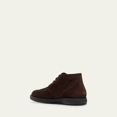 Brioni "Journey" suede desert boots Flat heel Round moc toe Lace-up vamp Rubber outsole Made in Italy Brioni Men, Boots Flat, Desert Boots, Midnight Blue, Tops Designs, Top Brands, In Italy, Lace Up, Italy