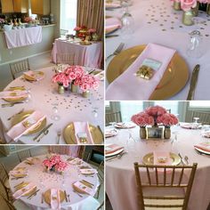 the table is set with pink flowers and gold place settings for dinner party or special occasion