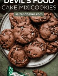 devil's food cake mix cookies on a plate with a bag of chocolate chips