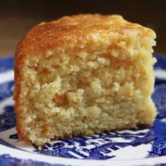 a piece of cake sitting on top of a blue and white plate