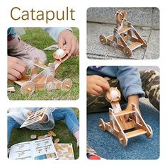 several pictures of children playing with wooden toy cars and toys on the ground, including a catapult