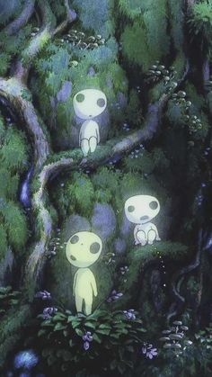 an alien forest with three little white aliens in it