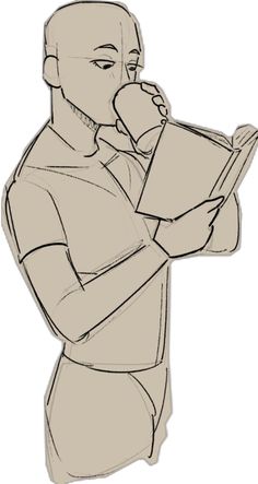 a drawing of a man reading a book and drinking from a cup with his hands