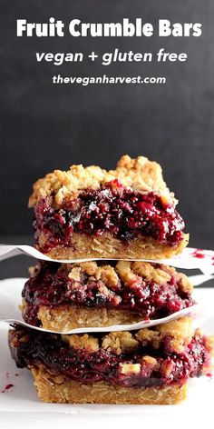 fruit crumble bars stacked on top of each other