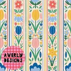 a colorful floral wallpaper with the words avery designs on it's front and back