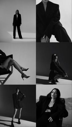 black and white photos of women in business attire sitting on chairs, posing for the camera