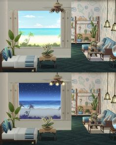 three pictures of the same room in different stages of being decorated with blue and white furniture