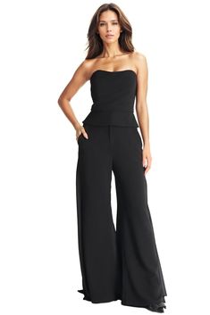 Crepe Chiffon Palazzo Pants Black Elegant Wide Leg Pantsuit, Sleek Flare Wide Leg Pants For Evening, Sleek Wide Leg Flare Pants For Evening, Chic Wide Leg Pants For Date Night, Elegant Evening High-waisted Pantsuit, Chic Party Pantsuit With Straight Pants, Elegant High-waisted Pants For Date Night, Elegant Flared Bottoms For Evening, Chic Wide Leg Pantsuit For Night Out