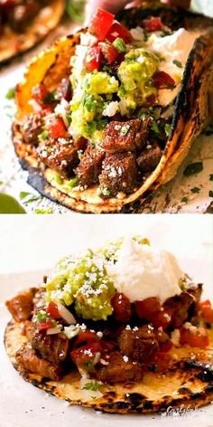 three different pictures of mexican food including tortillas, meat and salsa on them