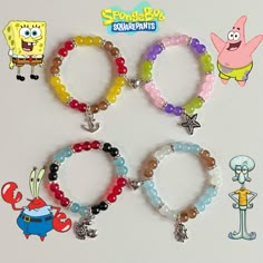 four bracelets with cartoon characters on them and one is wearing a starfish charm