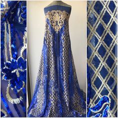 Gold and cobalt blue sequins lace fabric Rich fabric for evening formal gown Width is 135 cm Price is for one yard all order over quantity 1 will be in a continuous length Fitted Floor-length Blue Embroidered Fabric, Blue Embellished Fitted Embroidered Fabric, Fitted Blue Embellished Embroidered Fabric, Blue Lace Dress With Intricate Embroidery, Blue Lace Dress With Sequins, Blue Embellished Embroidered Fabric For Wedding, Blue Embroidered Lace Work Fabric For Wedding, Blue Lace Work Party Dress, Blue Lace Party Dress