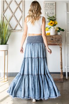 + Mineral Washed Denim Skirt + Maxi Length + Tiered Design + Relaxed Fit + Distressed Hem + Smocked Waistband + Side Pockets + Button & Zipper Closure + Fabric: 90% Cotton, 10% Polyester Denim Skirt Maxi, Skirt Maxi, Green Dot, Washed Denim, Tier Skirt, Tiered Skirt, Jean Skirt, Dusty Blue, Denim Wash