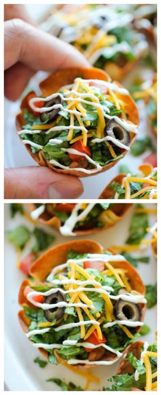 two pictures show the process of making an appetizer with cheese, lettuce and other ingredients