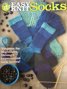 the cover of knitting magazine easy knit socks with blueberries and berries next to it