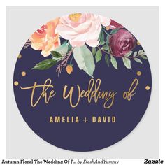 the wedding of amelia and david sticker is shown in gold lettering on a dark blue background