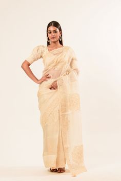 White Organza Saree with Floral Embroidered Work - Anvi Couture Elegant Resham Embroidered Slub Silk Pre-draped Saree, Slub Silk Saree With Sheer Dupatta, Elegant Slub Silk Pre-draped Saree With Resham Embroidery, Transitional Slub Silk Saree With Sheer Dupatta, Eid Elegant Tussar Silk Blouse, Elegant Cutdana Blouse Piece In Slub Silk, Elegant Slub Silk Blouse Piece With Cutdana, Sheer Dupatta Slub Silk Blouse Piece For Wedding, Wedding Blouse Piece With Sheer Dupatta In Slub Silk