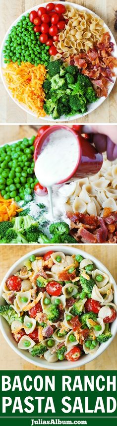 this bacon ranch pasta salad is loaded with broccoli, tomatoes, and green beans