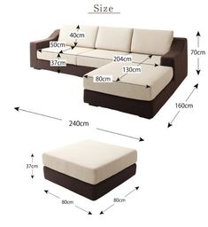 an image of a sectional sofa with ottoman and footstool measurements for the size