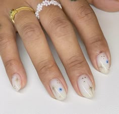 Classy nails , milky white nails , clean nails , aesthetic nails, evil eye nails, simple nails, Short Classy Manicure, Milky White Nails Evil Eye, Boho White Nails, Milky White Design Nails, Milky White Nails With Stars, White Nails With Evil Eye, Evil Eye Nails Simple, Short White Nails Design Ideas, Nail Ideas Evil Eye